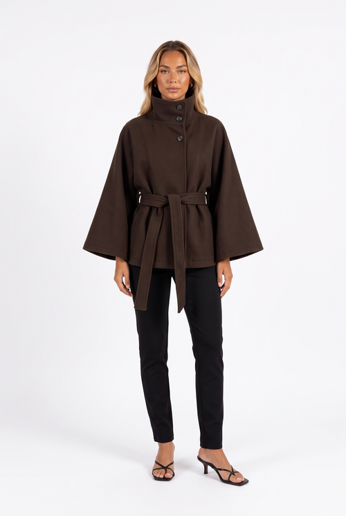 Dark brown belted cape jacket with funnel collar — front