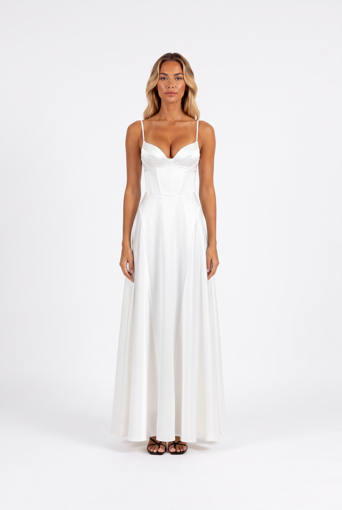 White satin corset-bodice A-line maxi gown — front