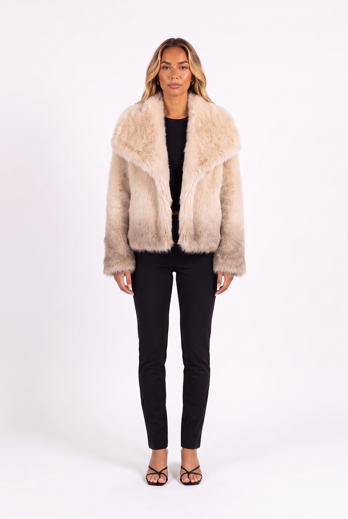 Cream fluffy faux fur jacket with oversized shawl collar in beige gradient — front