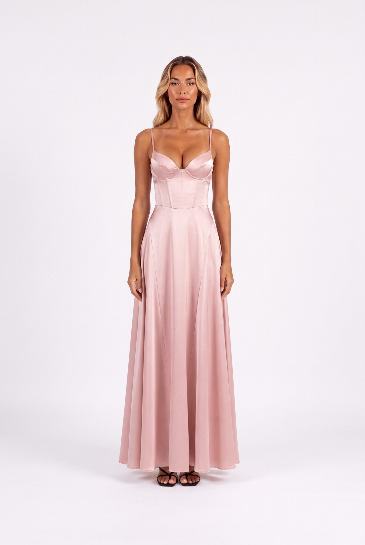 Satin corset lace-up-back maxi dress in Pink — front